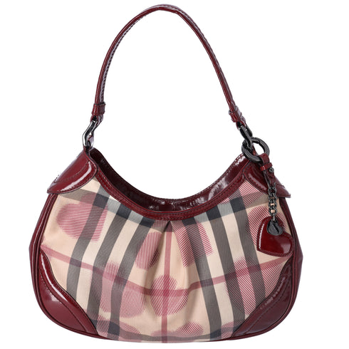 Burberry Nova Check Heart Half Moon Shoulder Bag Bordeaux Beige Multi
